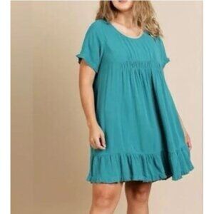 Umgee Dress Womens XL Teal Blue Ruffle Hem Fringe Babydoll Flowy Flirty Feminine